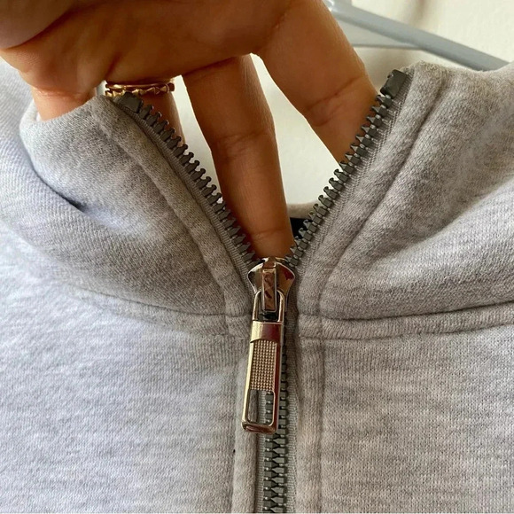 Scuba Neck Cropped Hoodie, Light Gray, Women’s Medium gray hoodie with pocket - Picture 8 of 13